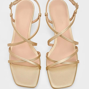 SAFFRON BLOOMS 2024 Sandalias de tacón con plataforma de cuña Dorada más vendidas para mujer Hebilla de moda con punta cuadrada y múltiples correas personalizadas - Product Image 1