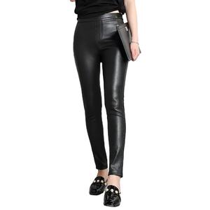 Pantalones de Cuero Genuino para Mujer, Cintura Alta, Ajustados, Elásticos, de Piel de Oveja, Pantalones Ajustados Clásicos Negros - Product Image 1