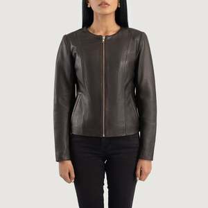 <b>Womens</b> Brown Leather Collarless <b>Jacket</b> - Product Image 4