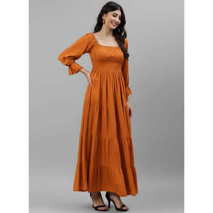 DEEBACO Women's Tan Solid Viscose Rayon Smocked Tiered <b>Dress</b> 3/4 Puff Sleeves Square Neck Fit & Flare Maxi Length Summer Western - Product Image 5