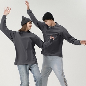 เสื้อยืดคอกลมแขนยาวผ้าคอตตอน100% สำหรับผู้ชายและผู้หญิงเสื้อใส่อยู่บ้านลำลองสีพื้นผ้าคอตตอน - Product Image 3