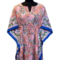 Kaftan marocain de luxe confortable en voile de coton doux imprimé à la main, taille standard, vêtement de nuit, grande taille, coupe droite courte, naturel