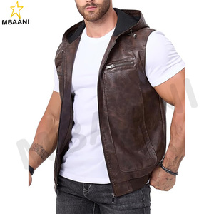 Gilet en simili cuir vintage pour homme, veste zippée, gilet classique hipster avec capuche, veste sans manches - Product Image 1