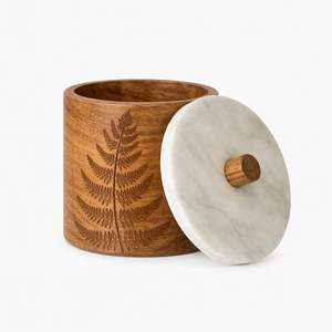 HOT SELLING Wooden Storage Jar with Sunburst Design Carving and Marble Lid Handcrafted Mango Wood Storage - Product Image 2