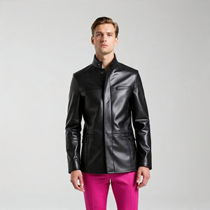 Men's Motorbike Genuine Leather Jacket Black Vintage Street Style Waterproof Letterman Design Front Chest Pocket - Product Image 1