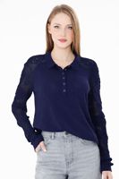 Blouse élégante en tricot à col polo pour femme - Motif rose, dentelle, manches longues, blanc, chic, tricot