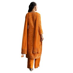 Costume Bandhani Palazo en soie orange clair avec broderie Vente en gros Vêtements ethniques pour femmes Usine de vêtements OEM Fournisseur en vrac Mode - Product Image 5