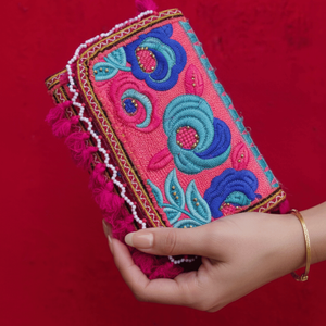 Gulbahaar Bohemian Floral Embroidered Clutch Bag Handmade Silk Lining Pearl Rhinestone Chain Fur Straps Decor Portable <b>Cover</b> - Product Image 5