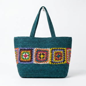 Bohemian <b>Crochet</b> raffia Tote Bag With Geometric Embroidery Pattern Large Capacity Women's Casual <b>Handbag</b> - Product Image 1