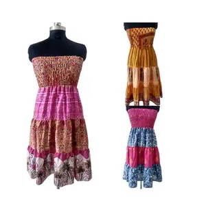 Vestido de seda sari indiano vintage com babado reciclado, vestido boho sexy sem alças, vestido tamanho livre, ideal para mulheres, venda imperdível