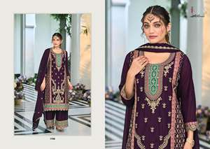 Costume élégant Salwar Kameez Palazzo en chinon lourd avec broderie complexe idéal pour les mariages et les occasions spéciales - Product Image 4