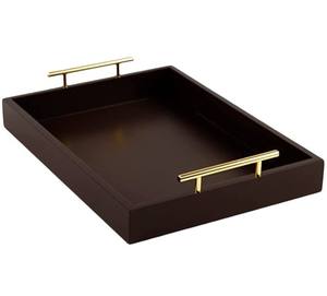 Élégant plateau de service en bois rectangulaire au design personnalisé avec poignées en métal doré plateau de présentation en bois décoratif à bords arrondis - Product Image 3
