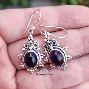925 <b>Sterling</b> <b>Silver</b> <b>Dangle</b> <b>Earrings</b> Natural Amethyst Oval Gemstone Handmade Cute Jewelry for February Birthstone Amethyst - Product Image 4
