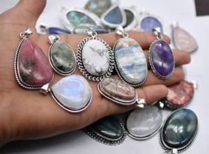 20 Pcs Gemstone Pendant Lots <b>Oxidized</b> Silver Plated Jewelry Designer Necklace Pendant Mix Lot For Women. Mix Color Gemstone - Product Image 2
