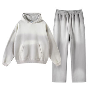 Gran oferta personalizado bordado impreso francés Terry algodón 360GSM Vintage Spray teñido apilado Legging pantalones de chándal y conjunto de sudaderas con capucha - Product Image 1