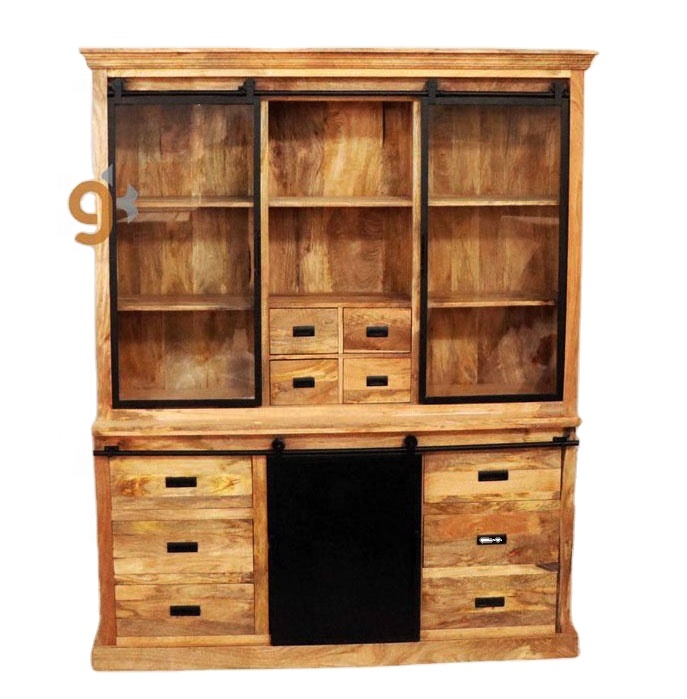 Top Selling Industrial Wooden Hutch Buffet Display Cabinet Two Part In Black & Natural Glass Panel Sliding Doors Storage Cabinet