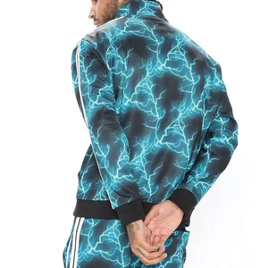 Conjunto de chándal con estampado de relámpago azul eléctrico para hombre Chaqueta y pantalones deportivos con cremallera completa personalizada Ropa atlética de dos piezas OEM a granel - Product Image 4