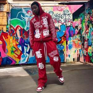 Conjuntos de Jogger de peso pesado para hombres Sudadera con capucha y pantalones acampanados con apliques de cintura con cordón francés Terry personalizado OEM para hombres - Product Image 1