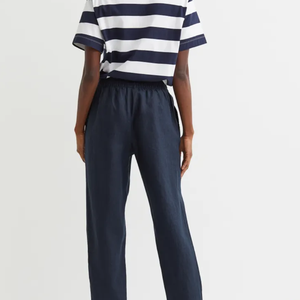 กางเกงลำลองขาตรงเอวสูงสำหรับผู้หญิงกางเกงผ้าลินินผ้าฝ้ายขากว้างแบบเย็บปักด้านหน้าแบบเรียบสำหรับฤดูร้อน - Product Image 5