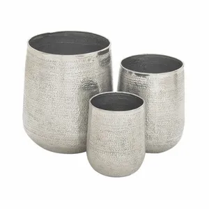 Herbal Plant Display Pots And Planters Flower Storage Set Of 3 With Silver Color Hammered Design Oval Shape Outdoor Supplies