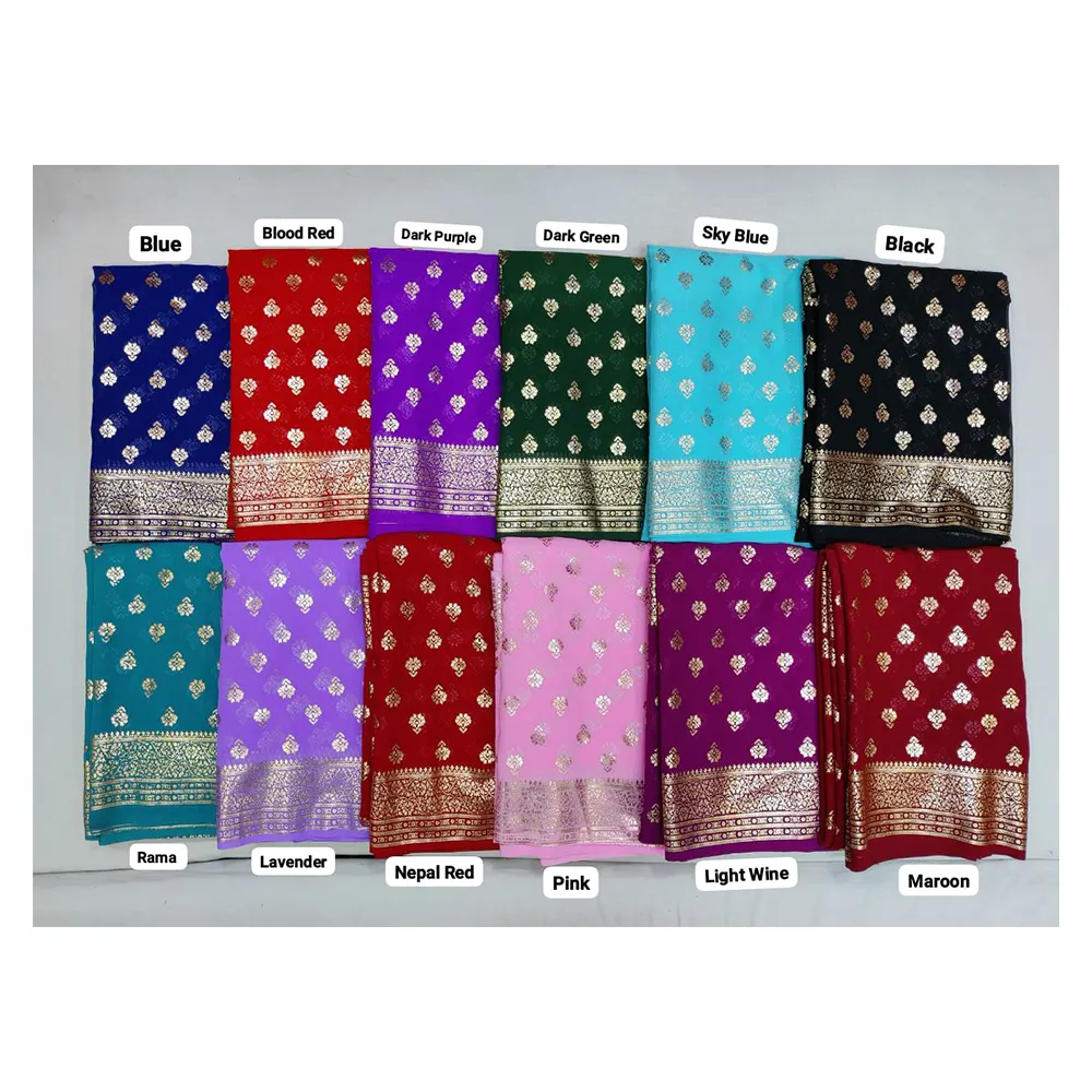 Berbagai produk berbagai desain elegan etnis India pakaian pernikahan dan pesta memakai Georgette Saree lembut dengan Foil dicetak
