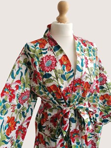Bata Larga Estampada Floral para Mujer, Manga Tres Cuartos, 100% Algodón, Estilo Casual de Verano, Cierre con Cordón - Product Image 3