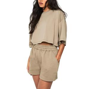 Trendy Designed 100% Cotton Jersey <b>Women's</b> 2 Piece Above Knee Crop <b>T</b>-<b>Shirt</b> <b>Shorts</b> <b>Set</b> Drop Shoulder Half Sleeves Summer Wear - Product Image 1