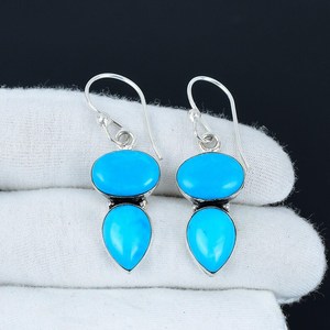 <b>Sleeping</b> Beauty Turquoise Gemstone Handmade 925 Sterling Silver Gold Plated Double Cute Boho Earrings <b>Gifts</b> for Love - Product Image 2