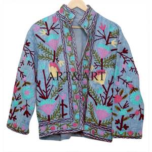 Handmade Women's Suzani <b>Quilted</b> Knitted Cotton <b>Jacket</b> Elegant Embroidery Comfortable Open Front Pockets Trendy Winter Outerwear - Product Image 6