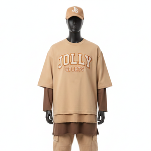 เสื้อยืดผู้ชายผ้าฝ้าย 100% ทรงหลวม พิมพ์ลาย เสื้อยืดแขนยาวสองชั้น สไตล์ใหม่ เสื้อยืดแขนสองชั้นแบบสั่งทำ - Product Image 1