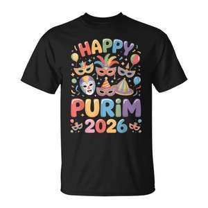 Camiseta Festiva de Purim 2026 con Diseño de Máscara de Mascarada y Globos para Celebraciones - Product Image 1