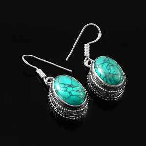 Boucles d'oreilles pendantes ovales en turquoise, argent sterling 925 plaqué or, mignonnes, minimalistes, faites à la main, cadeau de bijoux - Product Image 1
