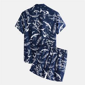 ชุดเสื้อผ้าชายหาด2ชิ้นสำหรับผู้ชายเสื้อเชิ้ตแขนสั้นแบบมีกระดุมพิมพ์ลายลำลองดีไซน์ใหม่ - Product Image 2