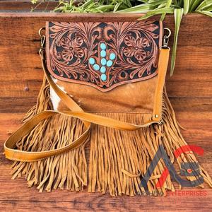 Bolso cruzado hecho a mano con flecos de piedra turquesa de cactus de cuero genuino occidental para mujer - Product Image 1