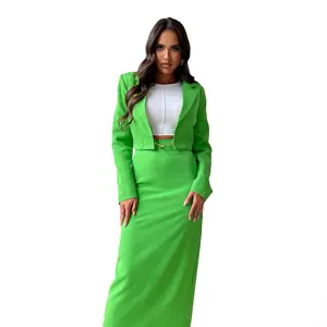 Novas mulheres moda brilhante Midi comprimento saia zíper manga comprida jaqueta encurtada cor verde