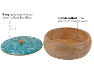 Couvercle imprimé Paisley vert fait à la main en bois de mangue boîte à chapati ronde boîte de magasin chauffe-casserole cuisine décor à la maison ronde Roti Dabba - Product Image 4