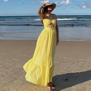2025 Venta caliente amarillo liso Maxi vestido para mujer sólido 100% rayón cariño suelto ajuste largo Maxi vestido - Product Image 1