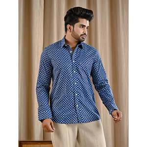 Chemise décontractée bleue 100% coton imprimée à manches longues, tissu popeline respirant, motif floral et à pois, taille 6XL, offre ODM - Product Image 5