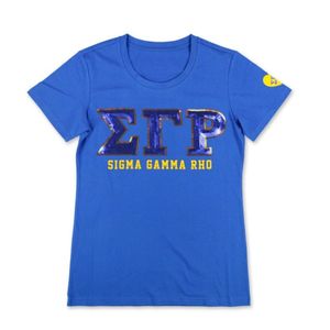 Sigma Gamma Rho Camiseta de algodón Royal Blue Sequin Patch Bordado Letras griegas Impreso Logo Manga Botón Sorority Summer - Product Image 1