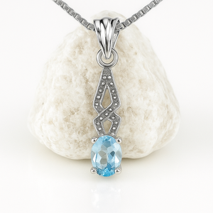 Handmade Minimalist Women's Fine Pendant <b>Necklace</b> <b>Blue</b> <b>Topaz</b> Oval Cut Rhodium Plated Sterling Silver Charm Everyday Wear 1.50g - Product Image 3