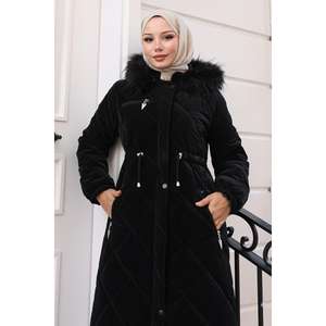 19277 Trench-coat matelassé noir à capuche et fermeture éclair, long manteau avec fermeture éclair élégante - Product Image 2