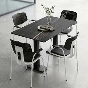 Mesa de Comedor Moderna de Madera Maciza Rectangular con Base de Metal y Sillas con Respaldo Perforado, Juego de Muebles de Comedor para 6 Personas, Comercial - Product Image 1