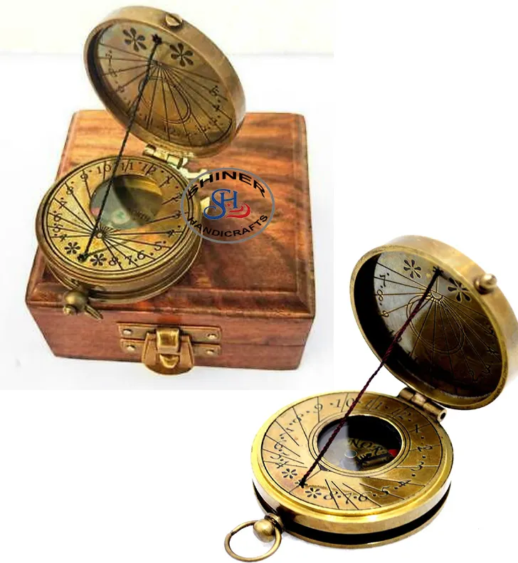 Discagem solar relógio & bússola com caixa de madeira, bronze antigo, acabado, rosas maria, discagem solar, item de presente de bolso