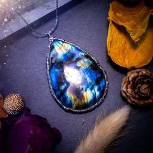 Flashy Vintage Plaqué Or Labradorite Pendentif Grand Fait À La Main En Argent Sterling Gothique Fée Sorcière Style Unique Artisan Bijoux - Product Image 5