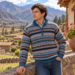 Pull en laine d'alpaga fine mélangée, motif géométrique multicolore, fermeture éclair, tricoté pour homme - Product Image 5