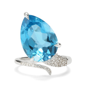 Anillo de Topacio Azul Suizo de 13.15 Quilates, Corte Pera, con Detalles de Circonita Blanca, Chapado en Rodio, Plata de Ley - Product Image 2