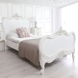 新着クイーンサイズ彫刻ベッド家具アンティーク高級みすぼらしいシックなフレンチスタイルホワイトカラー