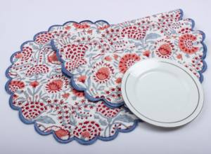 Paloma azul flamenco Rosa indio mano bloque impreso tela de algodón bordado vieiras mantel Conjunto elegante paloma flamenco Mat - Product Image 5