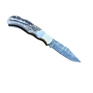 Cuchillo de bolsillo plegable multifuncional de acero de Damasco hecho a mano, mango de cuerno de ciervo, Funda de cuero, cuchillos personalizables OEM - Product Image 1