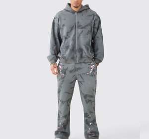 Conjunto de dos piezas lavado con ácido de invierno al por mayor, chándal para correr con capucha Vintage desteñido, sudadera con cremallera, pantalones de chándal de pierna recta para adultos - Product Image 6